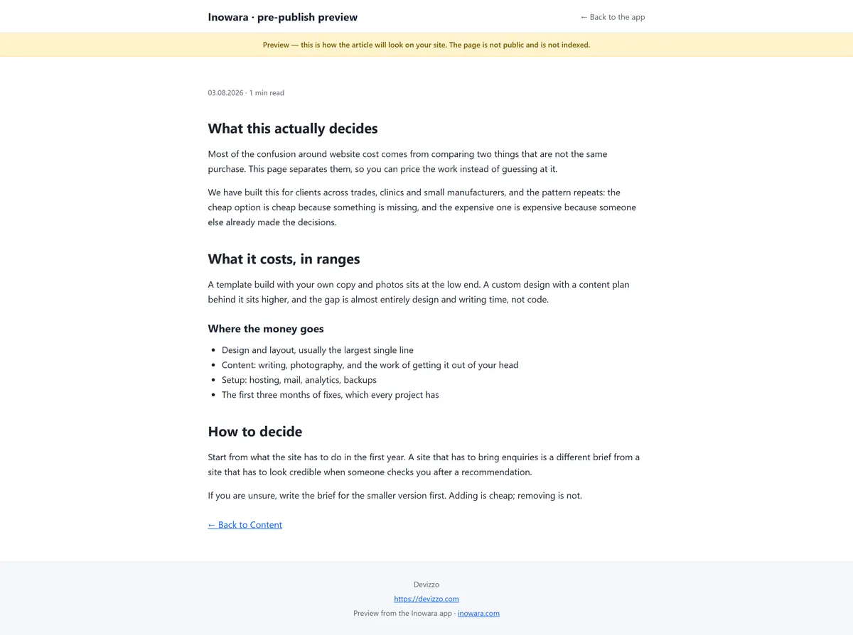 Pre-publish preview of an article as it will appear on the site