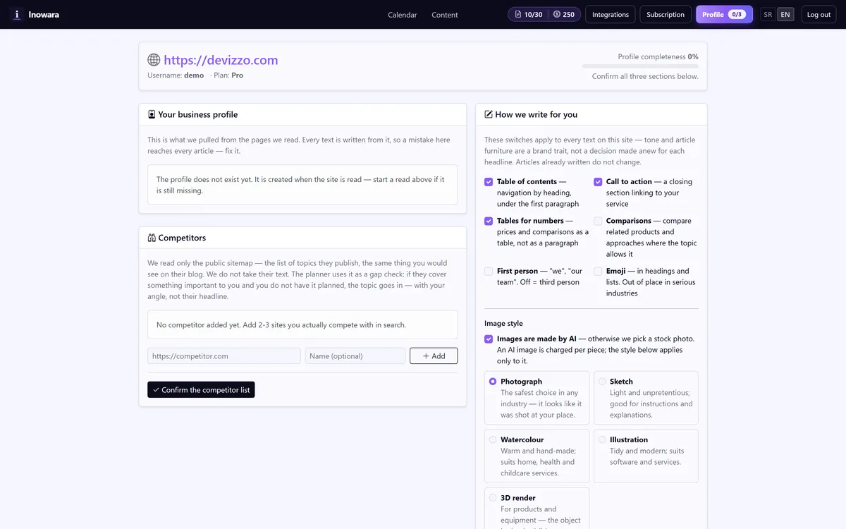 Site profile in Inowara with brand voice and competitors