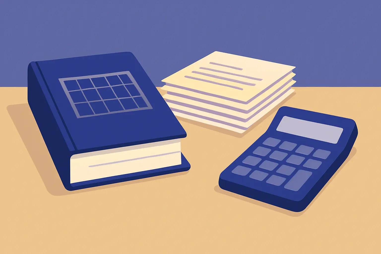 A ledger book, invoices, and a calculator arranged together on a plain surface