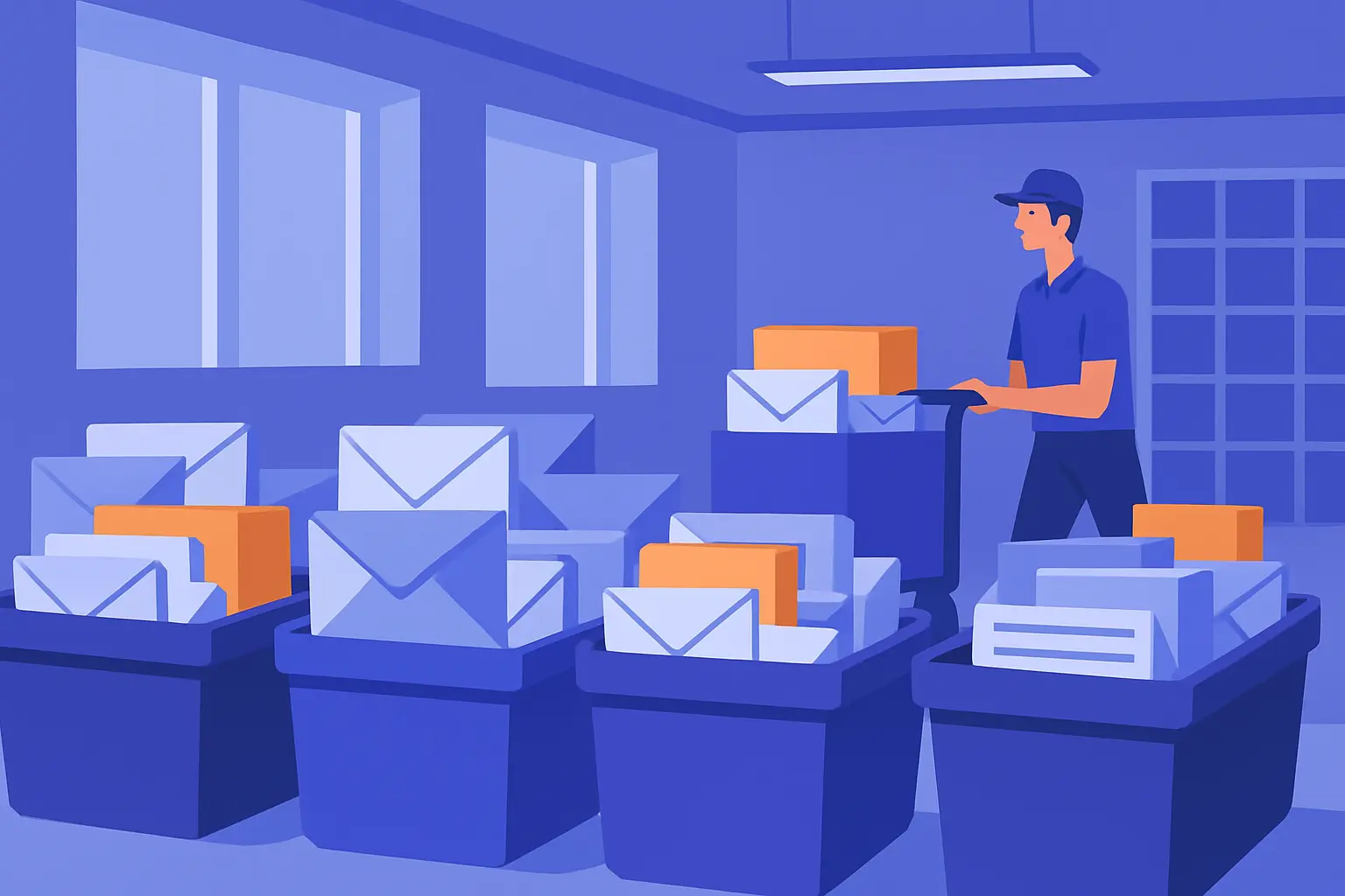 Mail bins filled with stacked envelopes and papers in a mailroom, worker in the background
