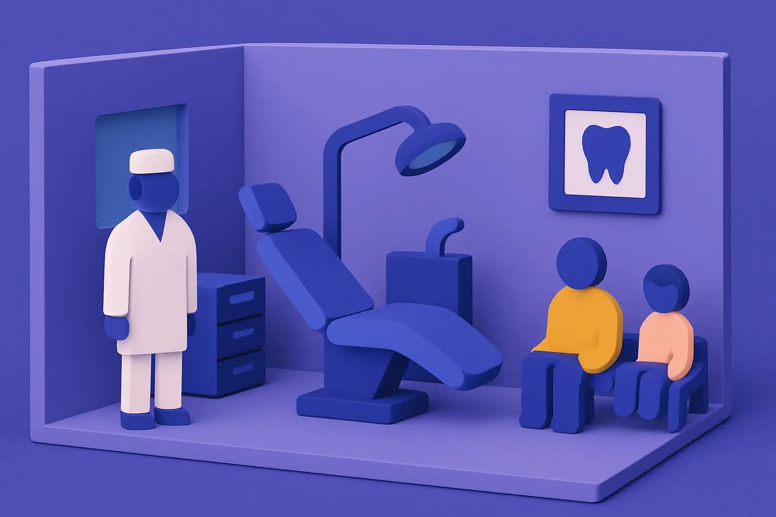 A miniature dentist and patient figures in a tiny dental clinic diorama scene