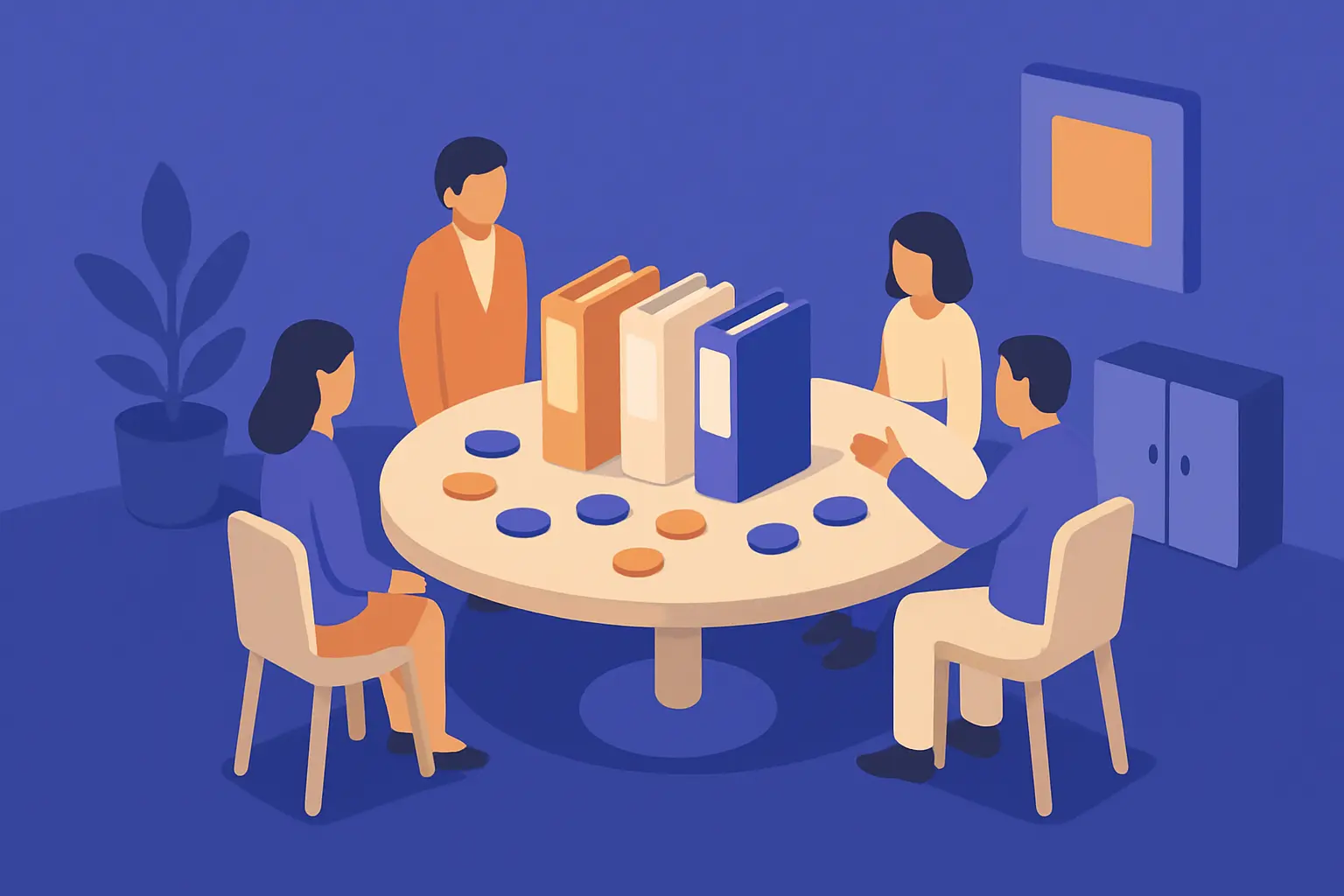 Miniature figures around a table choosing folders and tokens that represent different business strategies