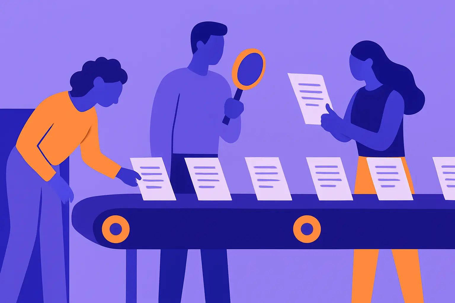 People inspecting documents on an automated content conveyor to ensure quality control