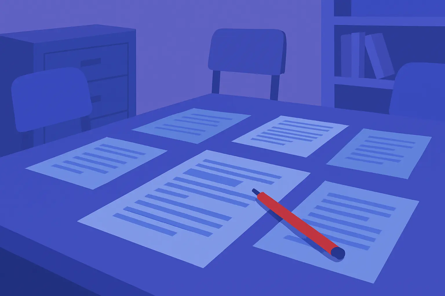 Printed articles with a red pen on a table, ready for manual editing before publishing