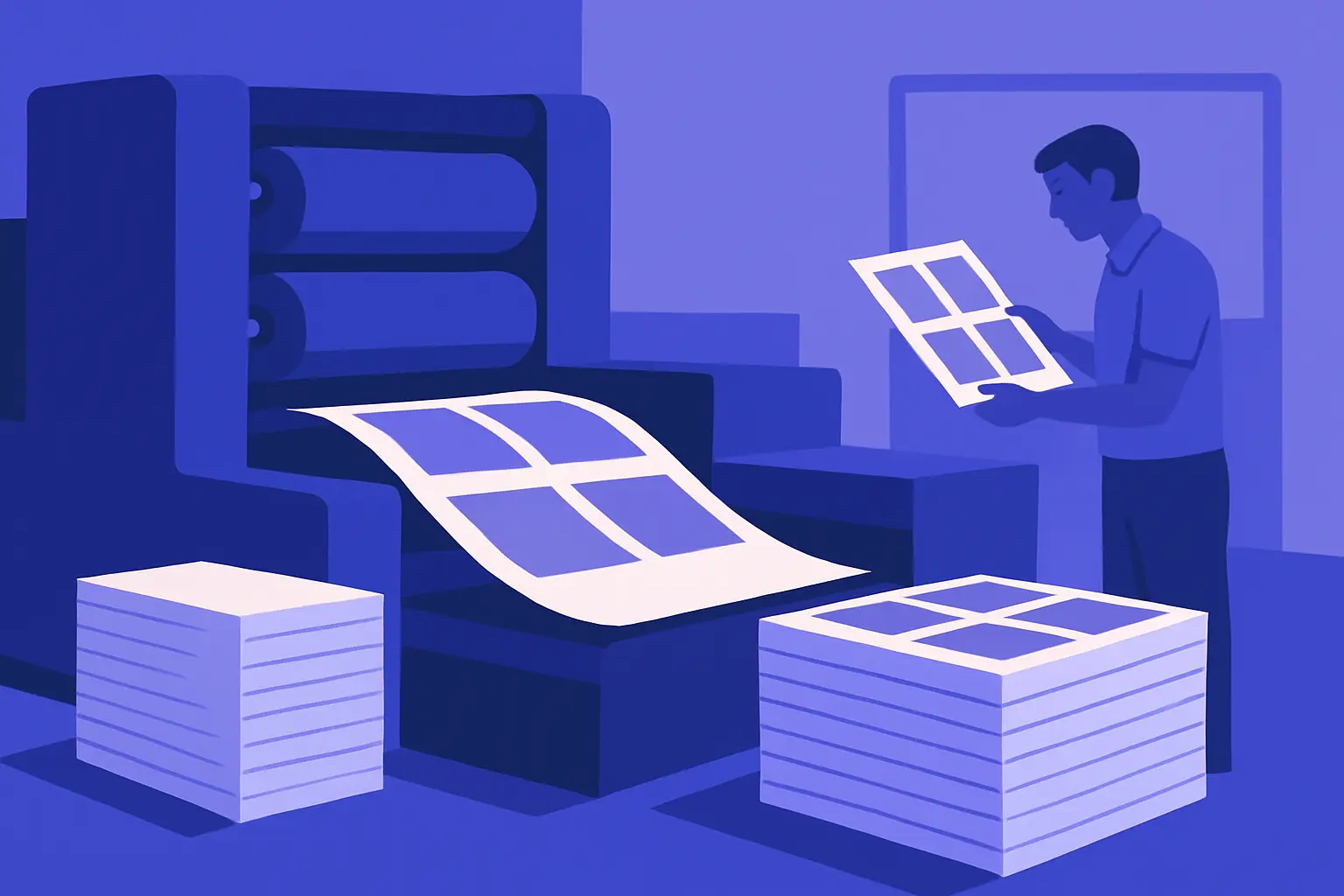 A printing press with rollers feeds sheets of paper while a worker checks the output nearby.