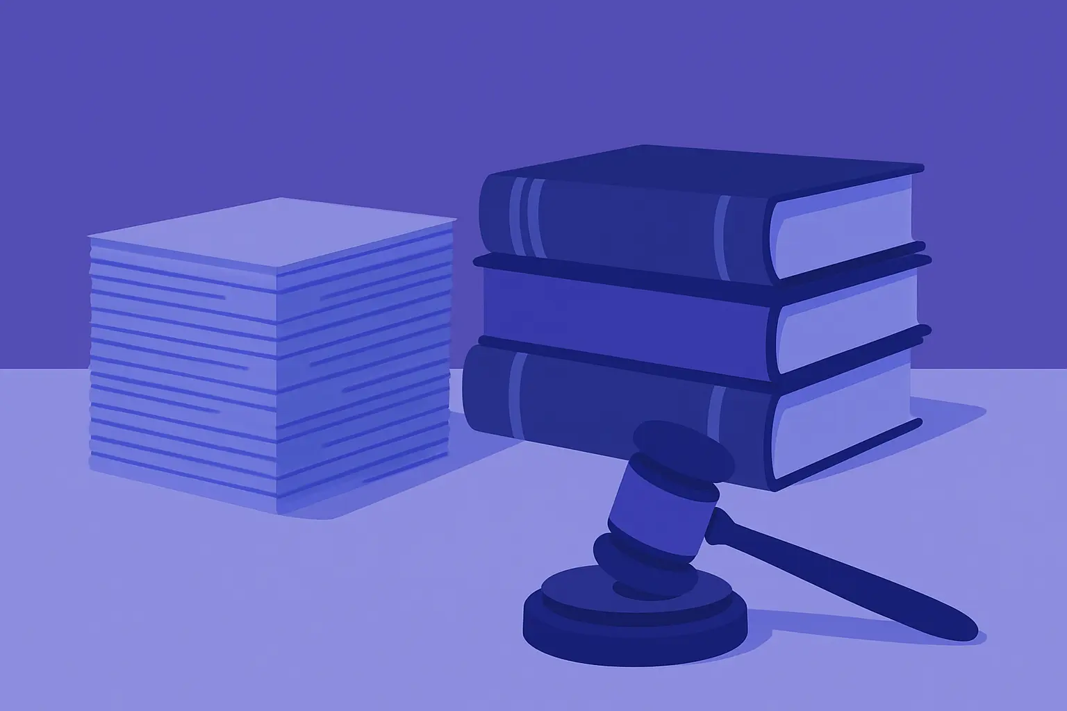 A stack of legal documents and law books with a judge's gavel on a plain surface