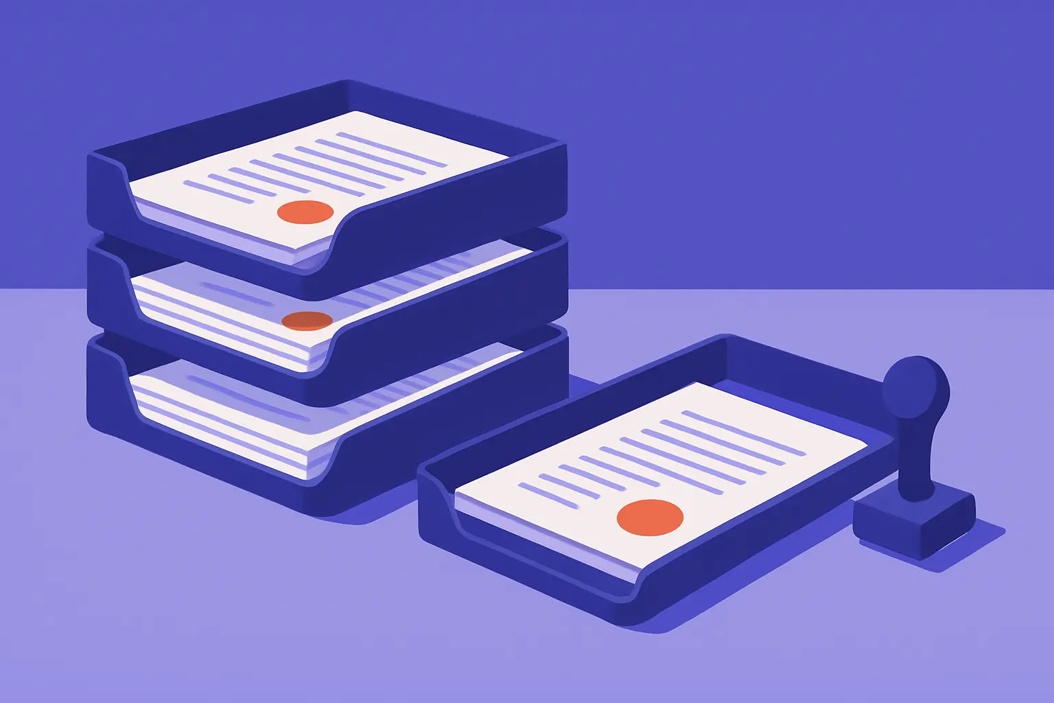 Stacked publishing trays holding freshly stamped documents on a plain surface